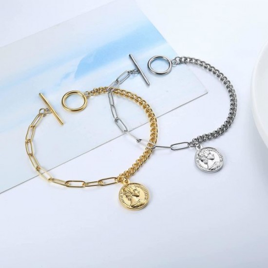 2Pcs 14K Cuban Link Bracelets For Women Men Stainless Coin Pendant Chain Bracelets Anklets Toggle Clasp 2Pcs 14K Cuban Link Bracelets For Women Men Stainless Coin Pendant Chain Bracelets Anklets Toggle Clasp